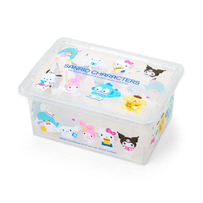 Sanrio glitter storage bin on a desk, showcasing its clear design and lid.