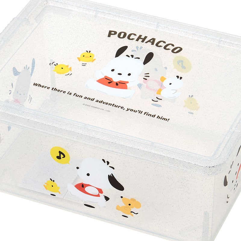 Close-up of snap lid closure on Sanrio-themed bin