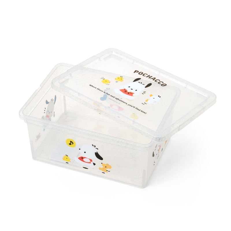Small clear glitter storage box stacked with other organizers