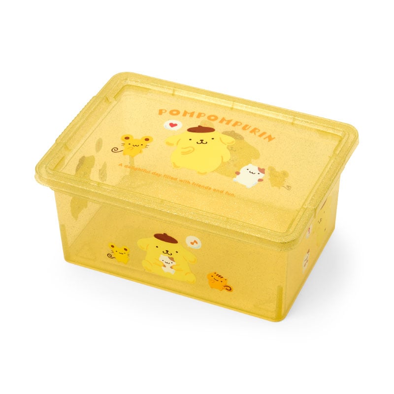 Front view of Pompompurin plastic storage container with lid on wooden shelf