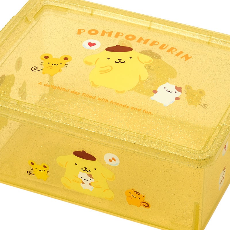 Small plastic storage bin with lid, featuring a cute Sanrio character for kids room