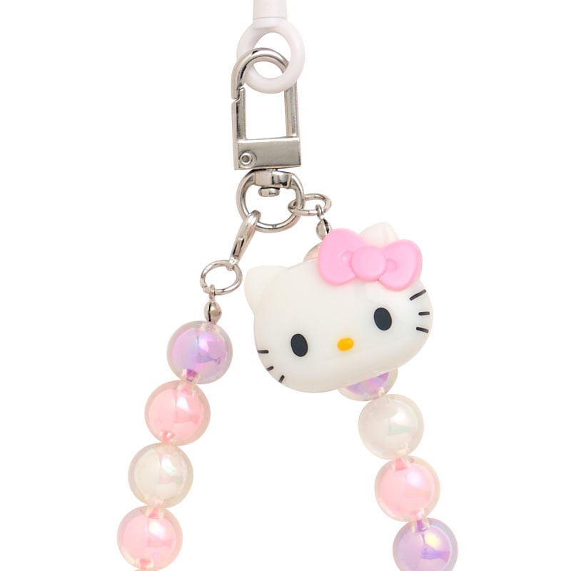 Hello Kitty beaded charm attached to a smartphone showing colorful beads and glossy finish