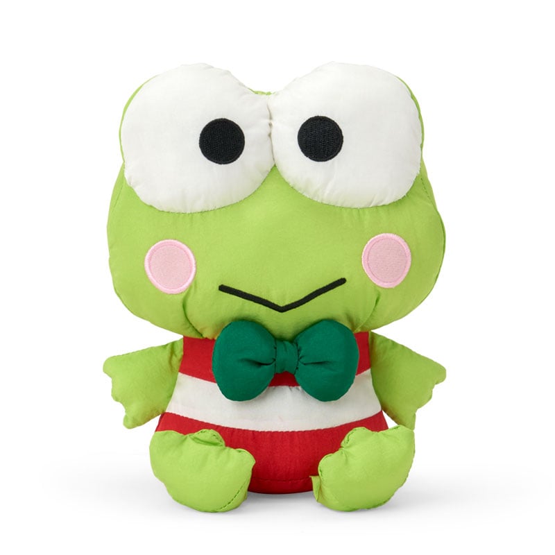 Close-up of the Keroppi plush toy with embroidered details.