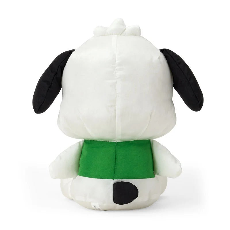 Front view of the Pochacco plush showing embroidered facial features and swishy fabric texture