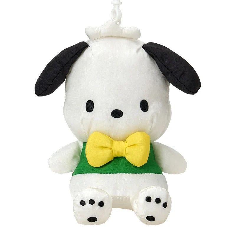 Pochacco sanrio plush clip displayed on a desk, highlighting its embroidered details