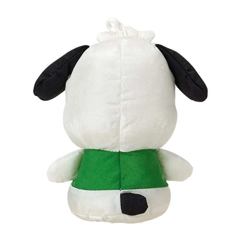 Pochacco mascot clip being attached to a bag, demonstrating its functionality