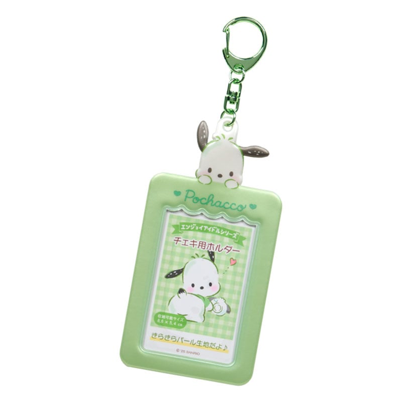 Pochacco pouch charm holding a photo, clipped to a bag strap