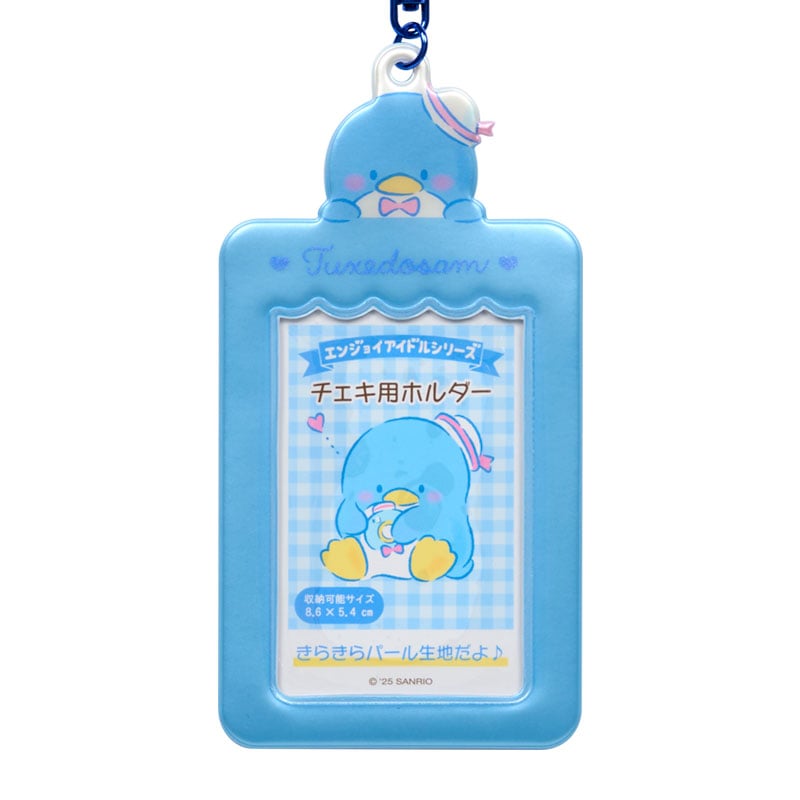 Tuxedosam photo card holder charm clipped to a stylish purse.