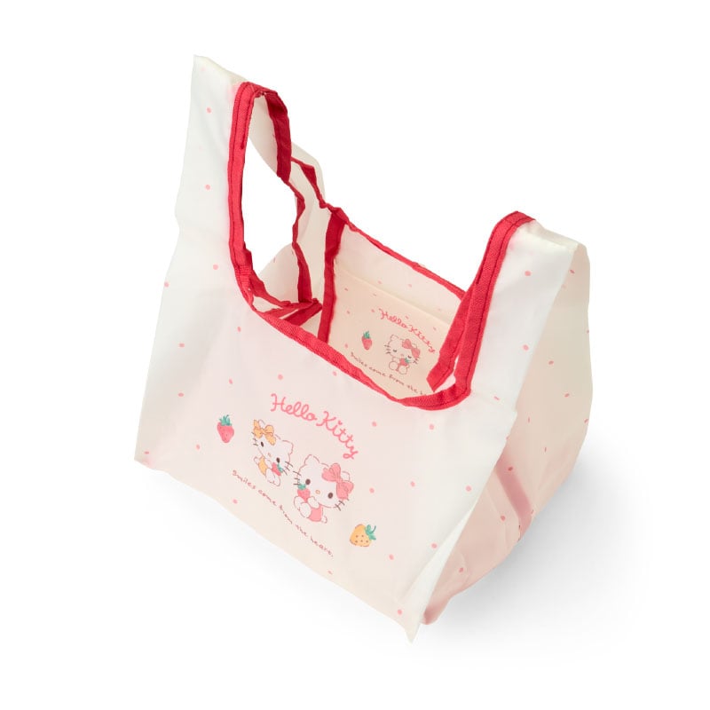 Side angle showing foldable design of reusable lunch tote with internal pocket