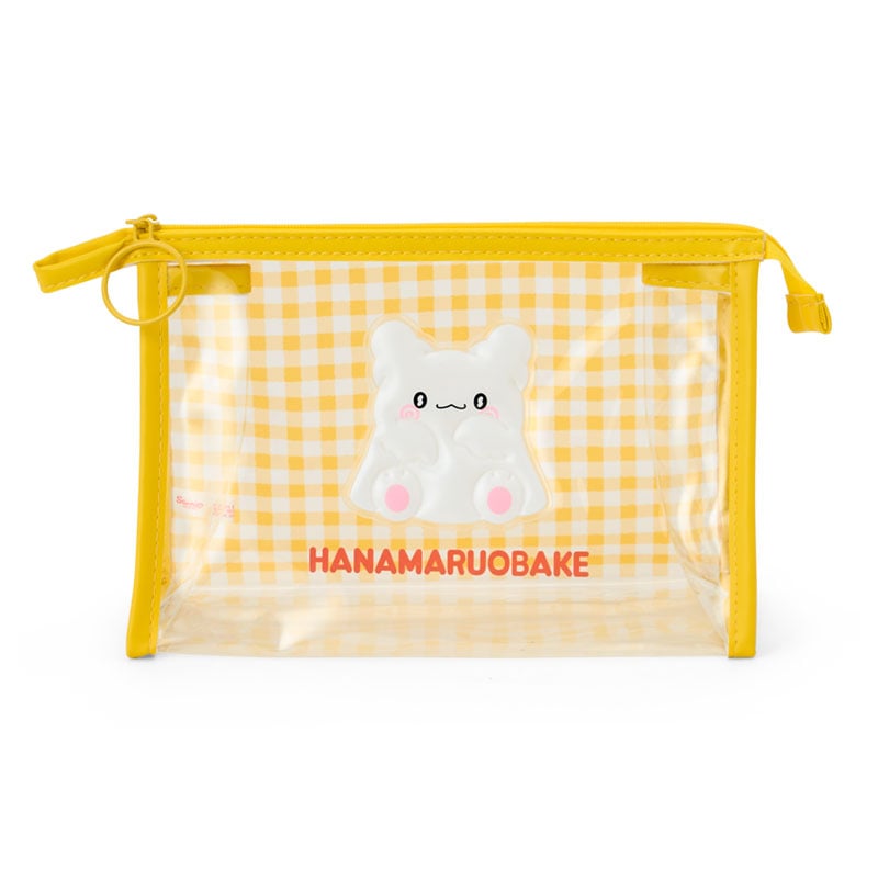 Clear gingham zipper pouch showcasing Sanrio characters; perfect for organizing cosmetics.