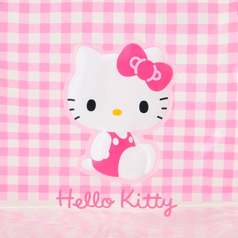 Close-up of the Hello Kitty vinyl patch and O-ring zipper detail