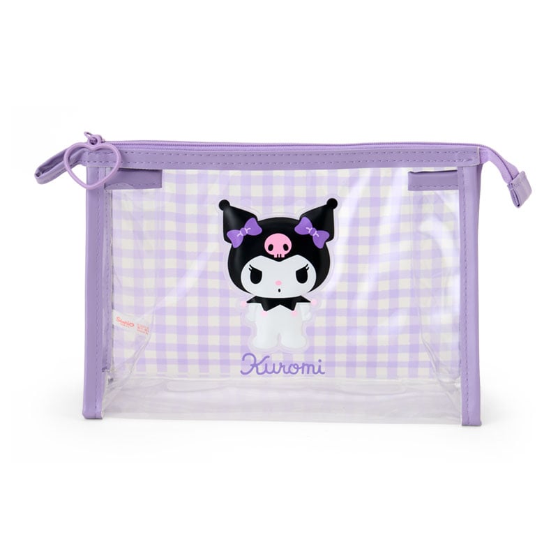 Kuromi Sanrio gingham zipper pouch with clear PVC material and vinyl character patch.
