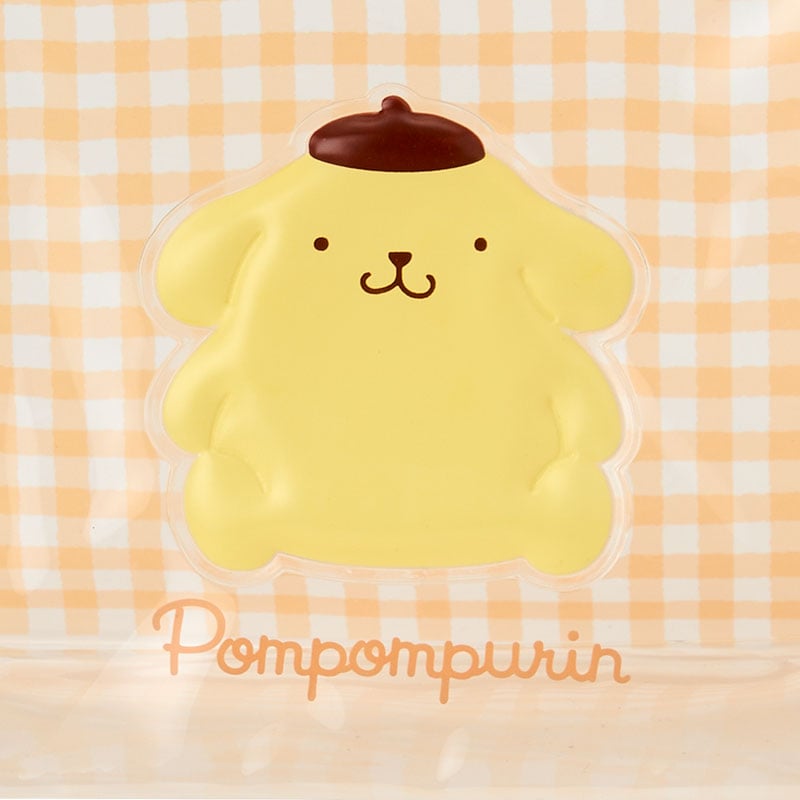 Clear zipper pouch with Pompompurin design, closed and showing the vinyl character patch