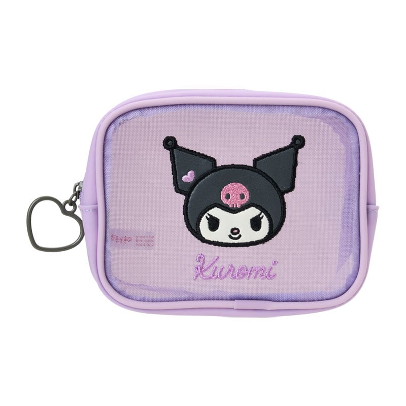 Front view of Kuromi mini mesh zipper pouch with embroidered accents