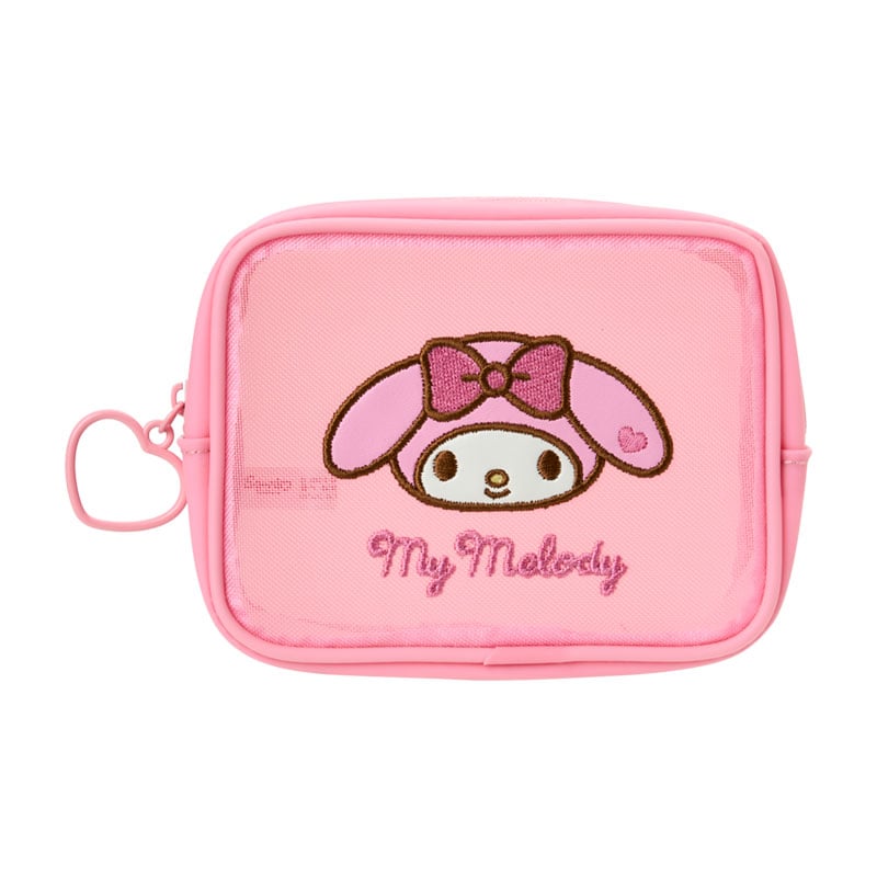 Close-up of the embroidery and heart zipper pull on the mini mesh pouch
