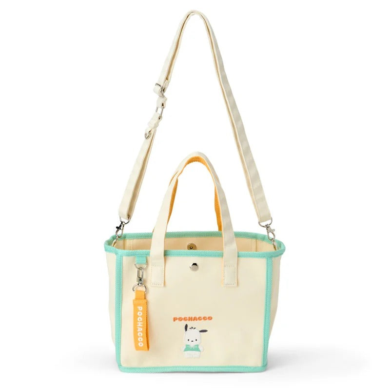 Pochacco character tote bag with embroidered details, front view