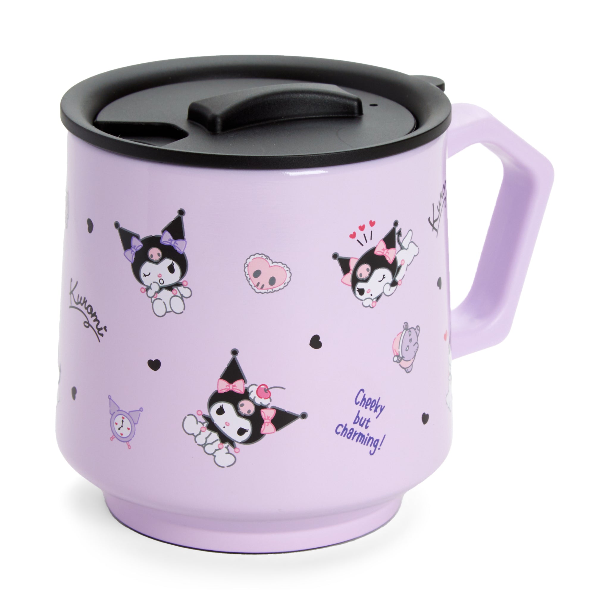 Close-up of Kuromi stainless steel mug with travel lid on a morning commute table