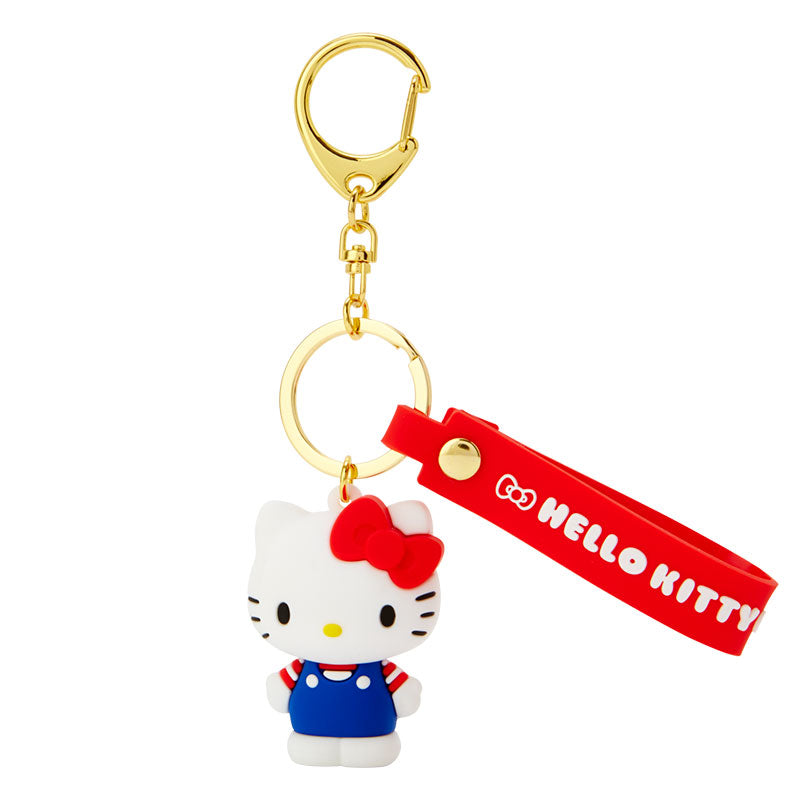 Close-up of Hello Kitty keychain plush showing molded figurine and lobster clasp