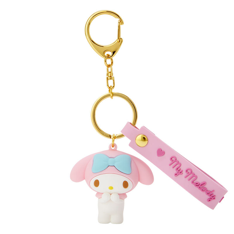 Close-up of My Melody keychain on a denim bag