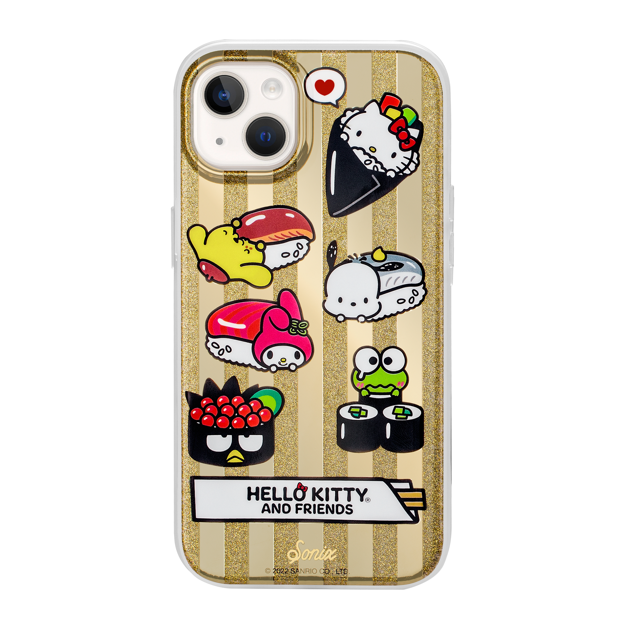 Close-up of Hello Kitty and sushi design on iPhone case