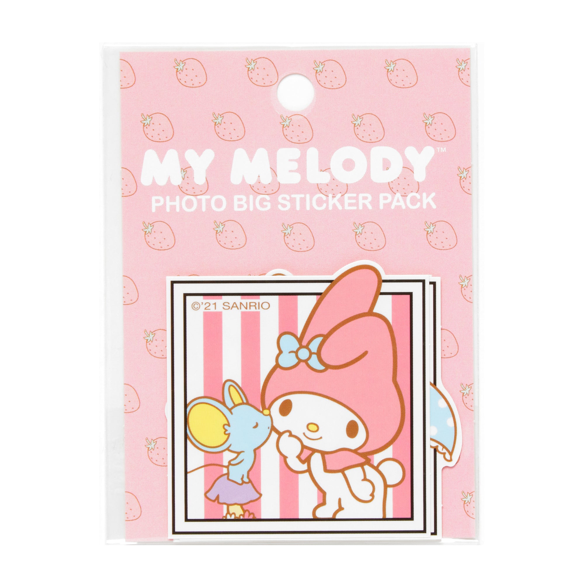Close-up of My Melody sticker with strawberries, ideal for iPhone photo edits