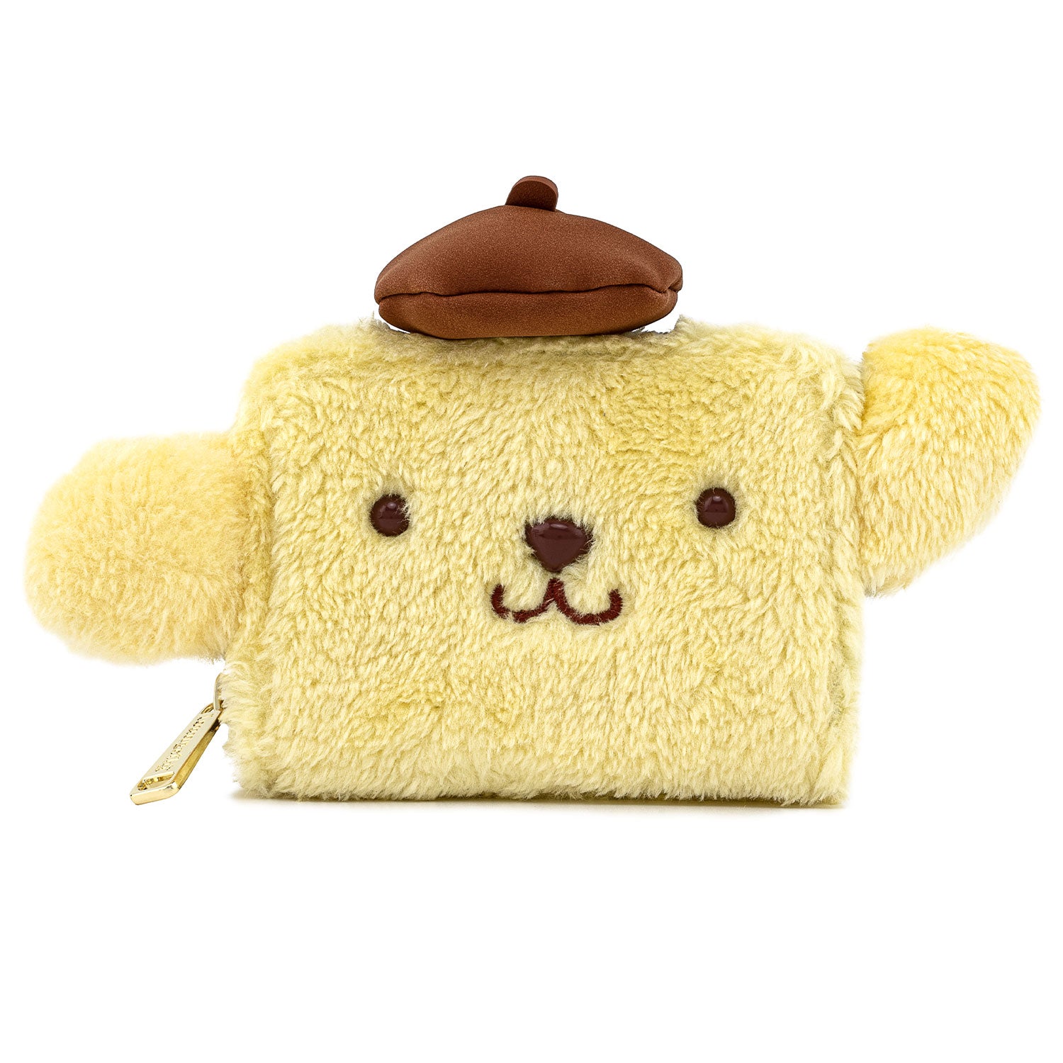 Front view of Pompompurin Loungefly plush wallet showing embroidered features