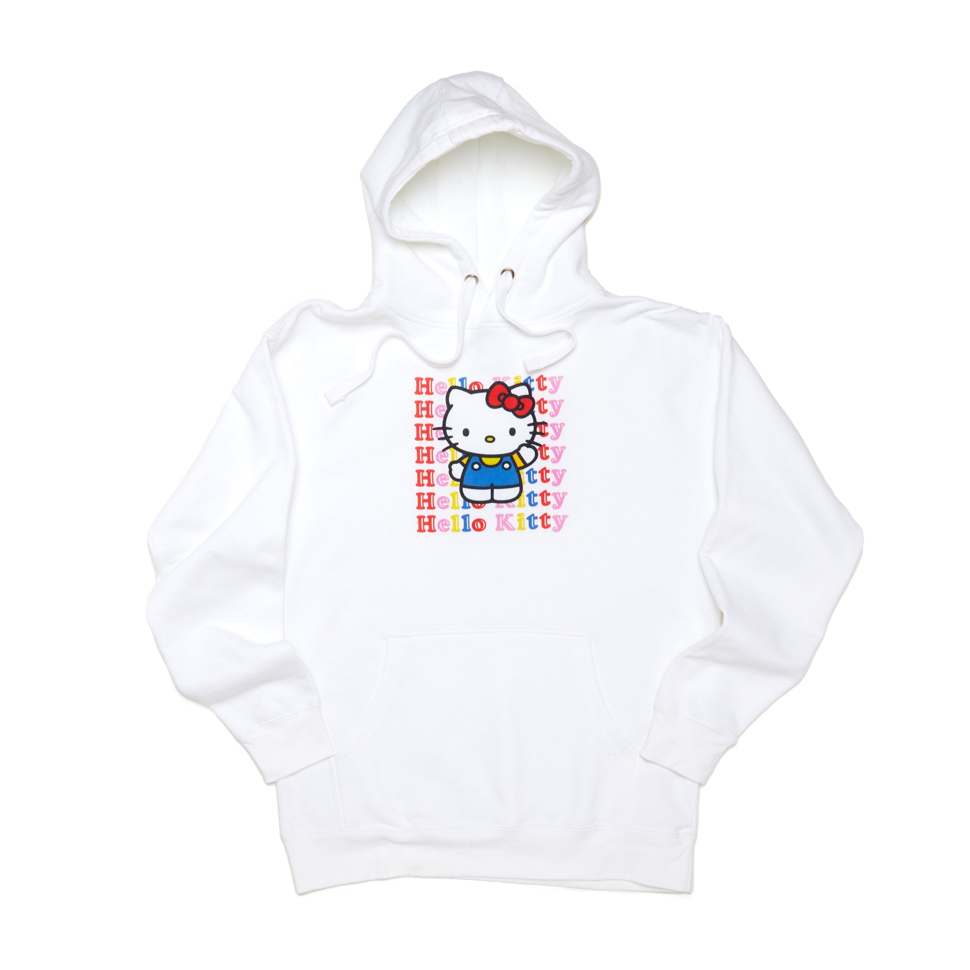 Hello Kitty unisex hoodie front view with a vibrant rainbow design