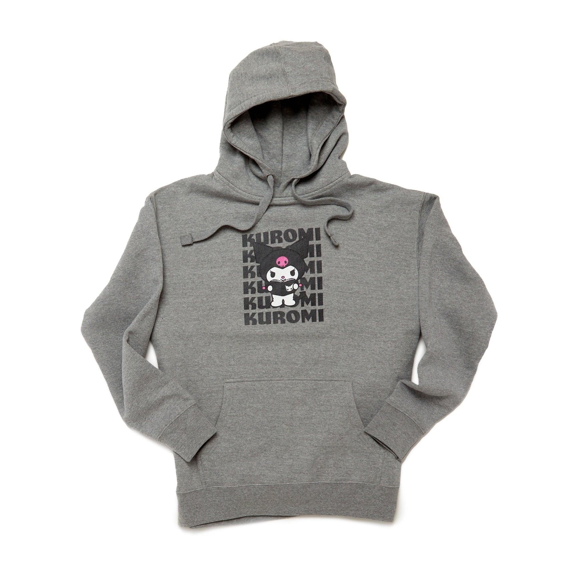 Front view of the black zip-up hoodie showcasing Kuromi design.
