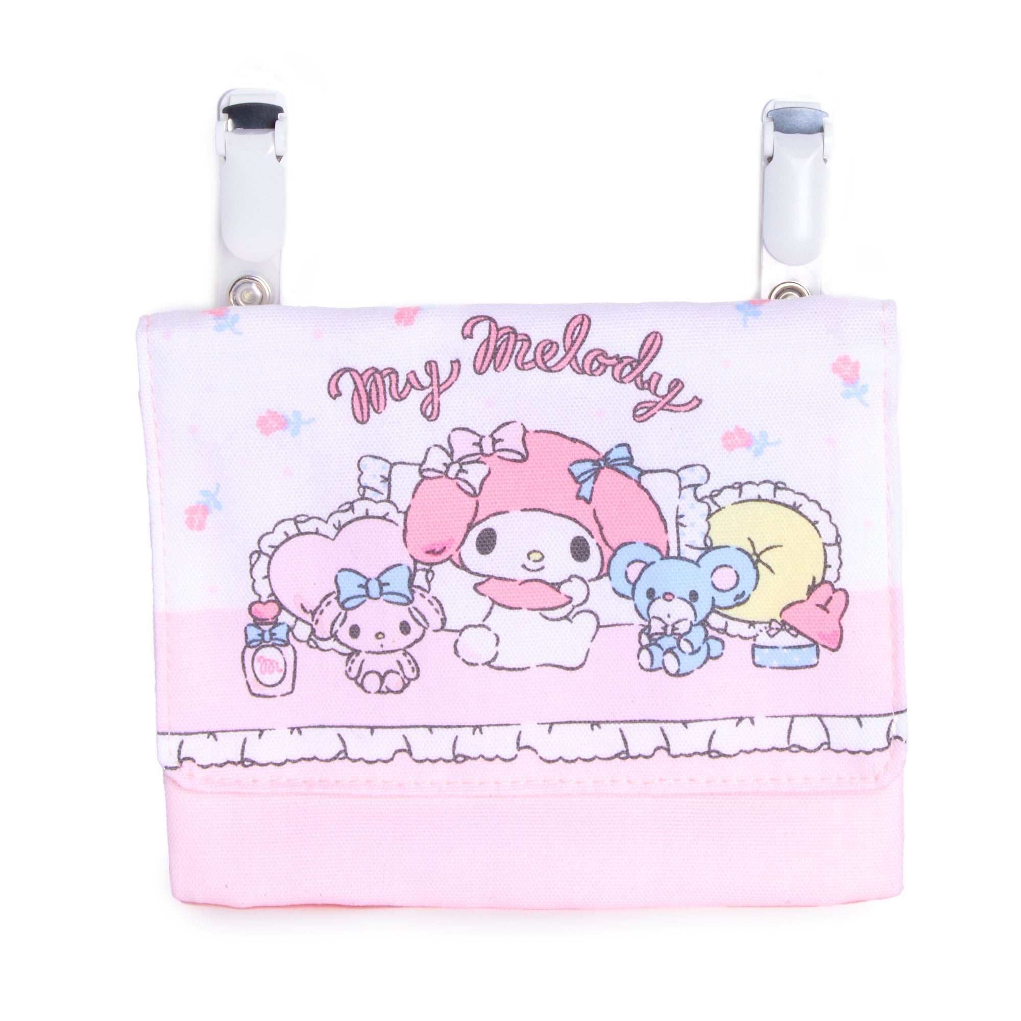 Front view of My Melody belt clip pouch with frilly lace detailing