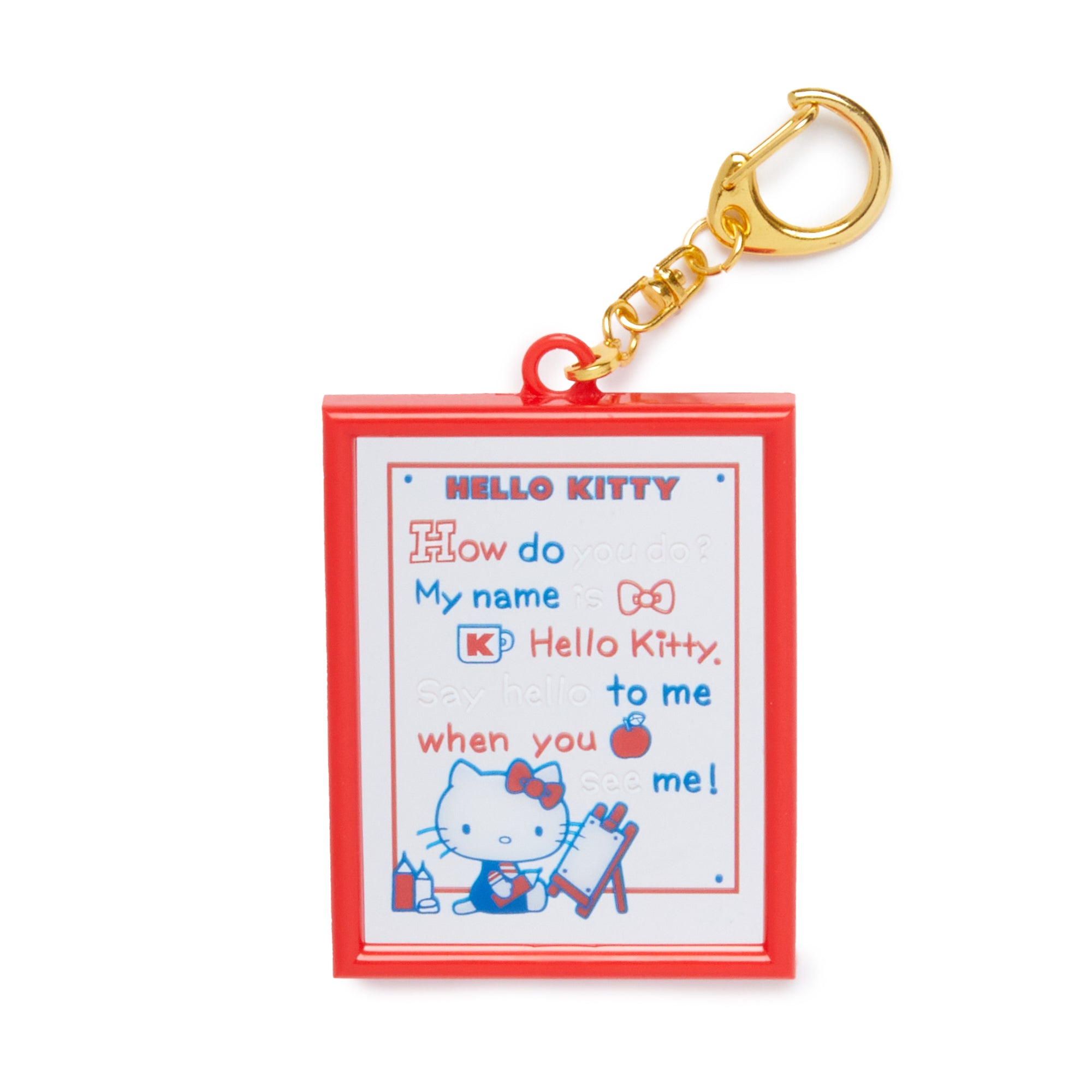 Close-up of Hello Kitty plush keychain with mirror finish.