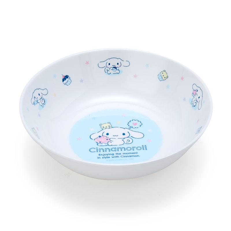 Close-up of Cinnamoroll melamine dish with character artwork on a table setting