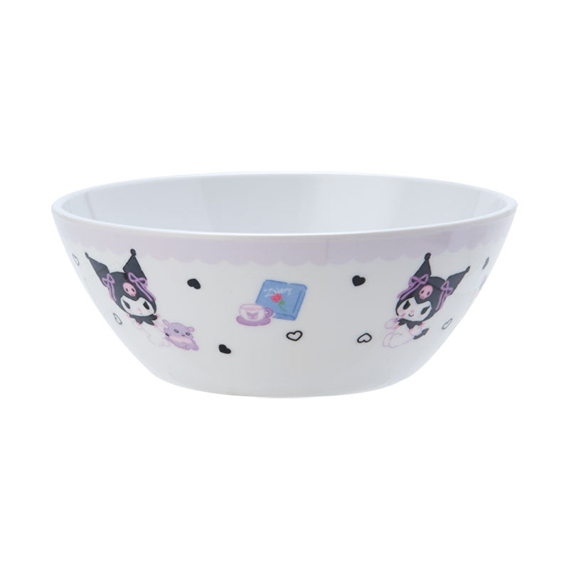 Close-up of Kuromi melamine kids bowl with hearts and treats design, ideal for children's snacks