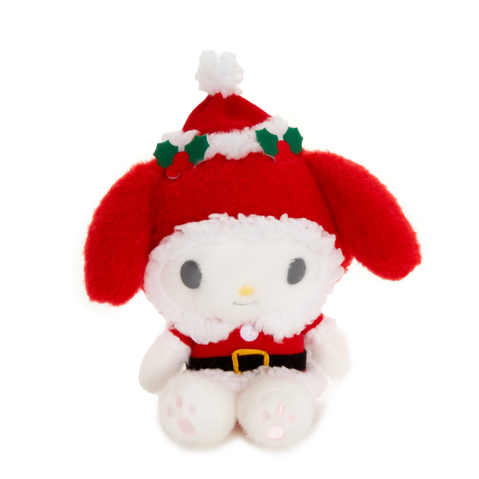 My Melody Santa plush displayed on a cozy holiday-themed blanket