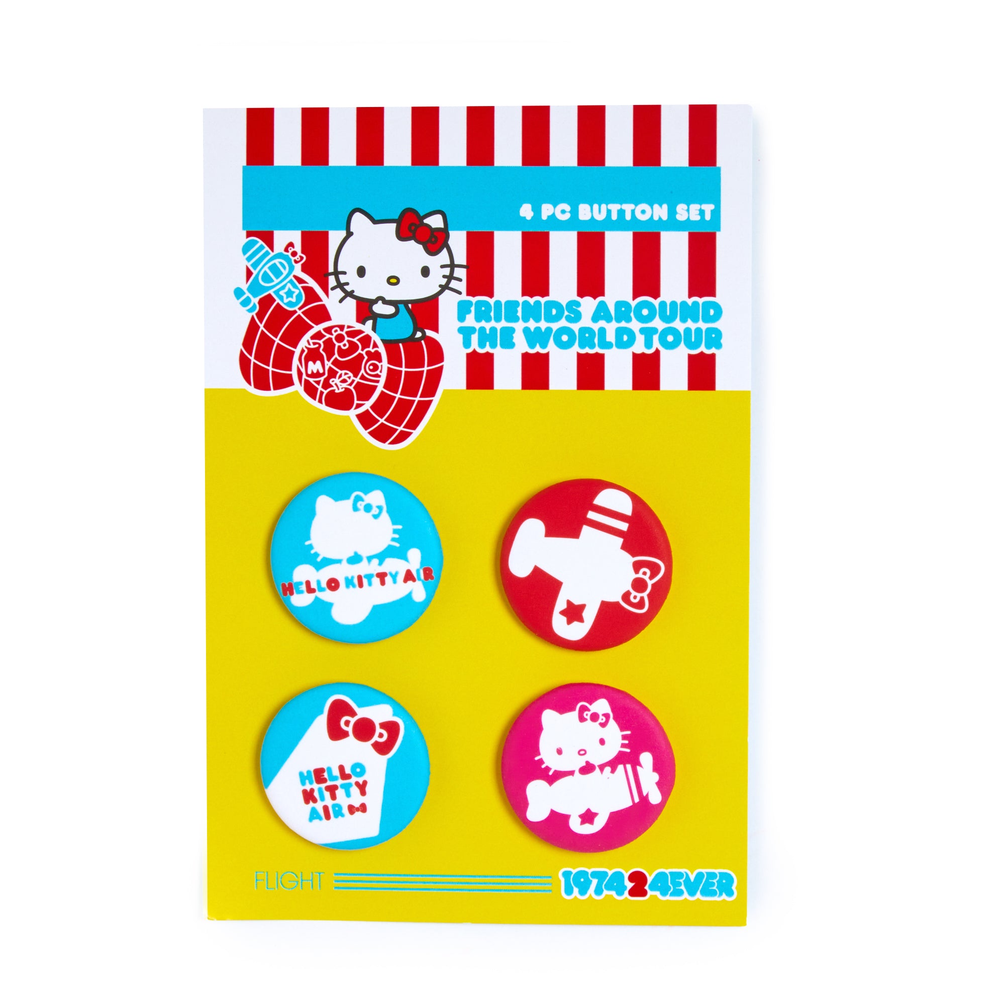 Close-up of Hello Kitty enamel pins with airplane graphics.