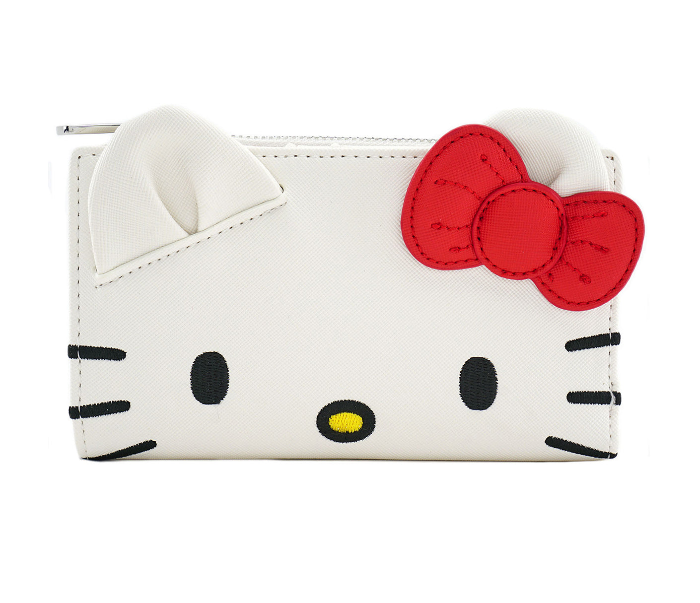 Hello Kitty Loungefly bifold wallet front view with 3D bow and ears