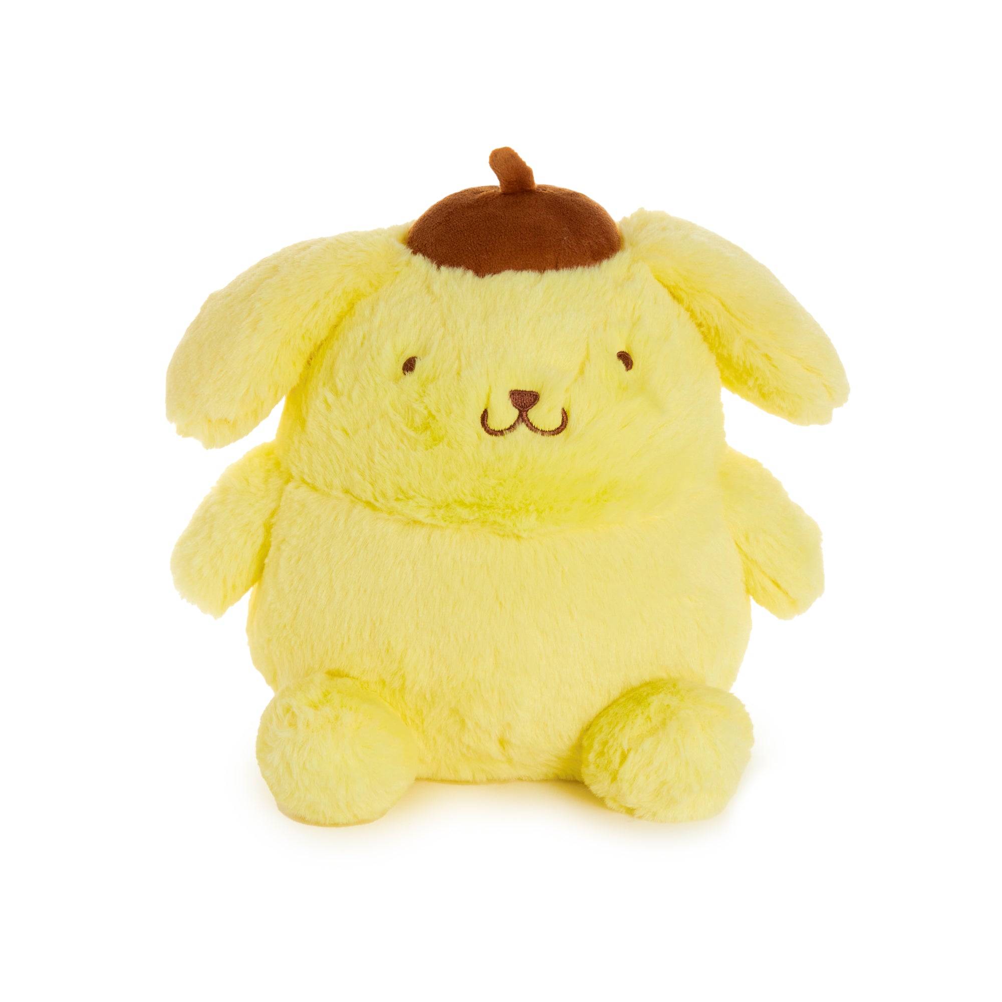 Pompompurin plush sitting upright with embroidered beret—ideal for Sanrio collectors