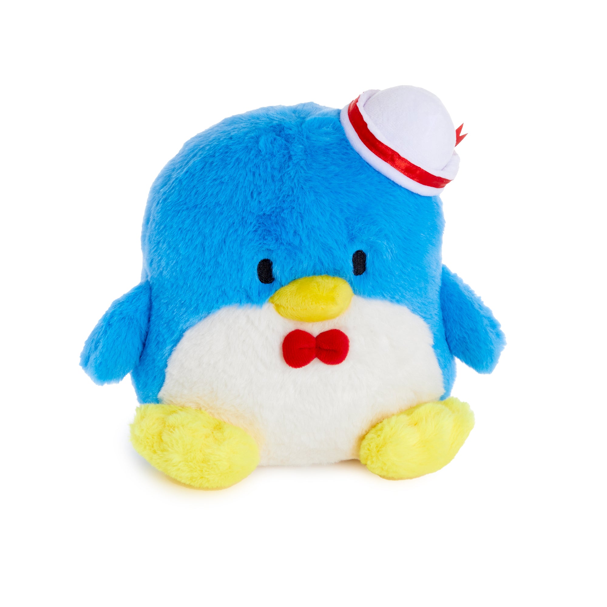 Front view of Tuxedosam plush showing embroidered bow tie and soft fur
