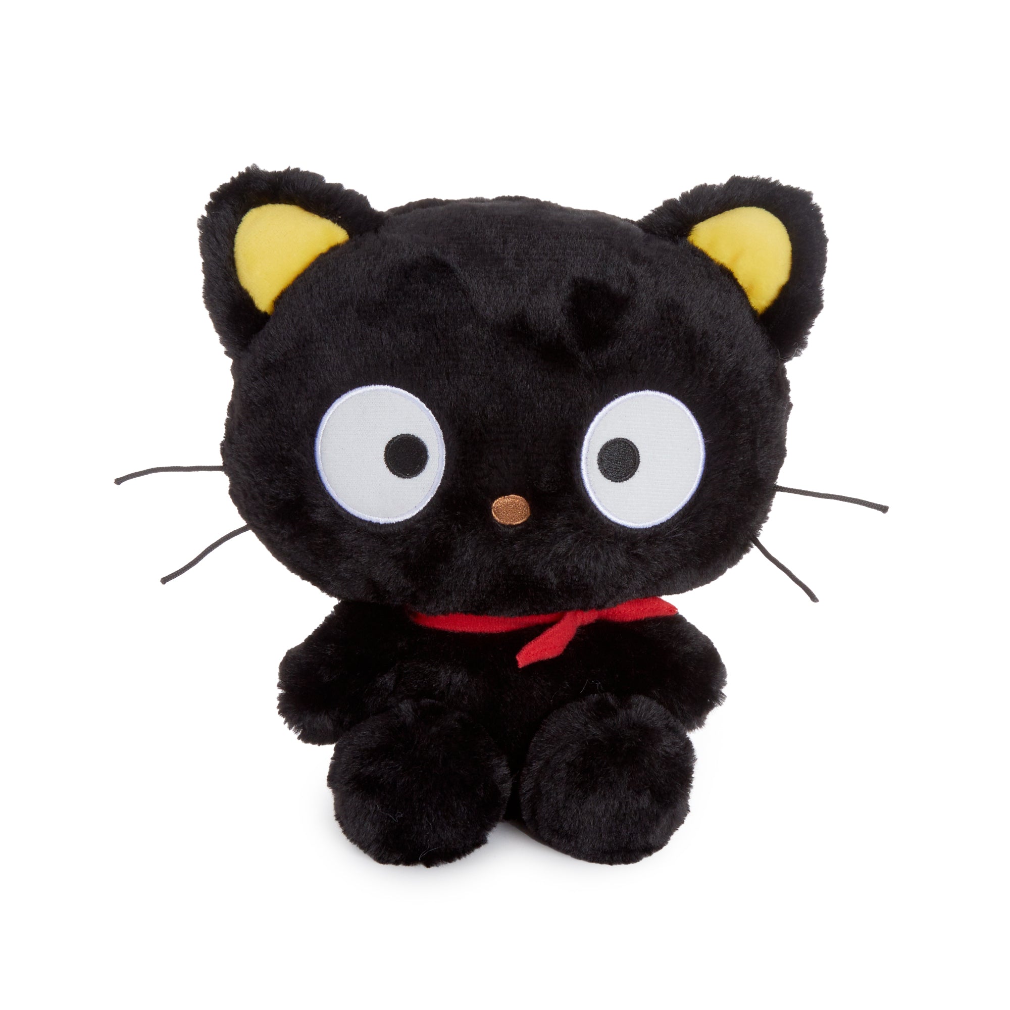 Close-up of Chococat plush face showing embroidered features and whiskers