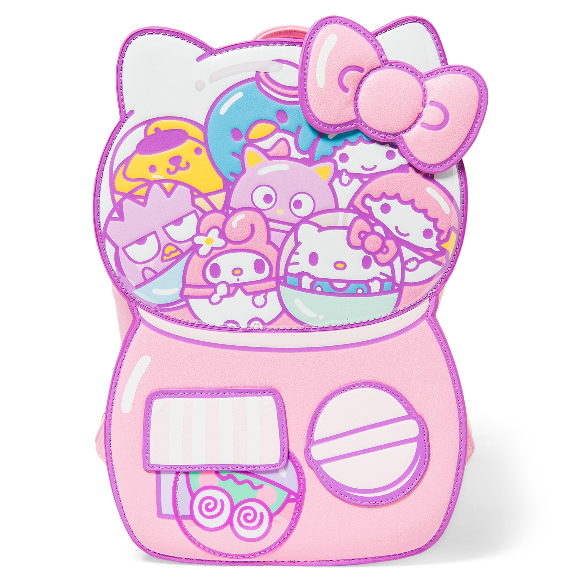 Hello Kitty Gumball Machine Mini Backpack front view, showcasing its colorful design and Loungefly branding.