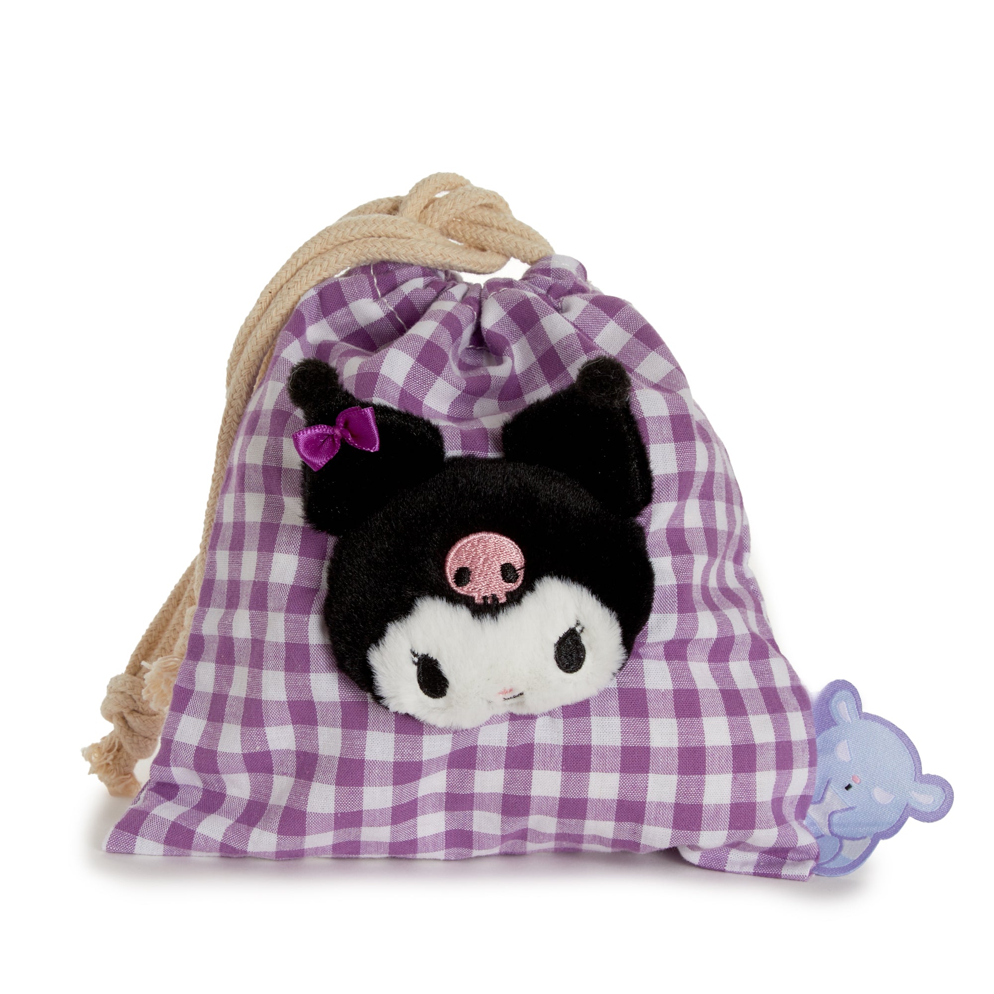 Kuromi Gingham Cafe drawstring pouch with embroidered design