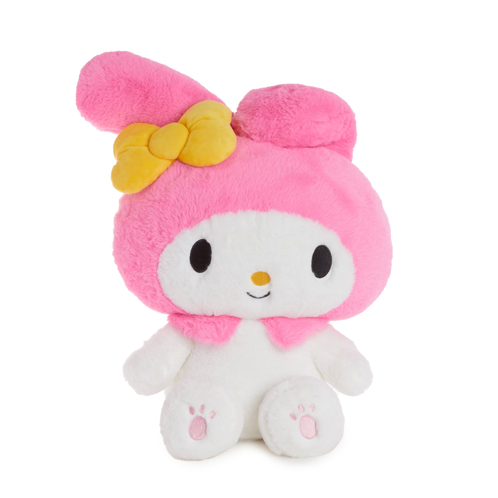 Close-up of My Melody plush doll showing embroidered face and soft plush fur