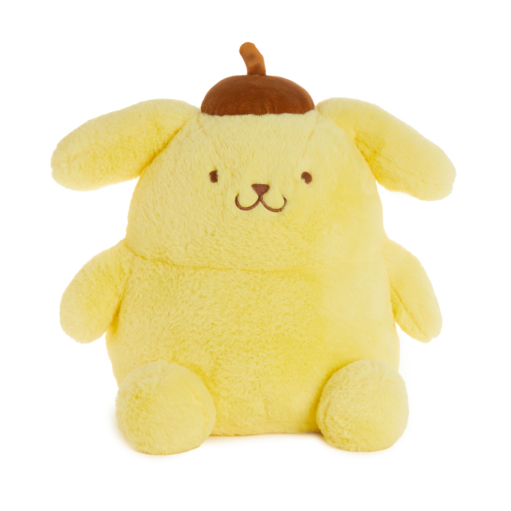 Close-up of Pompompurin plush’s embroidered face and beret