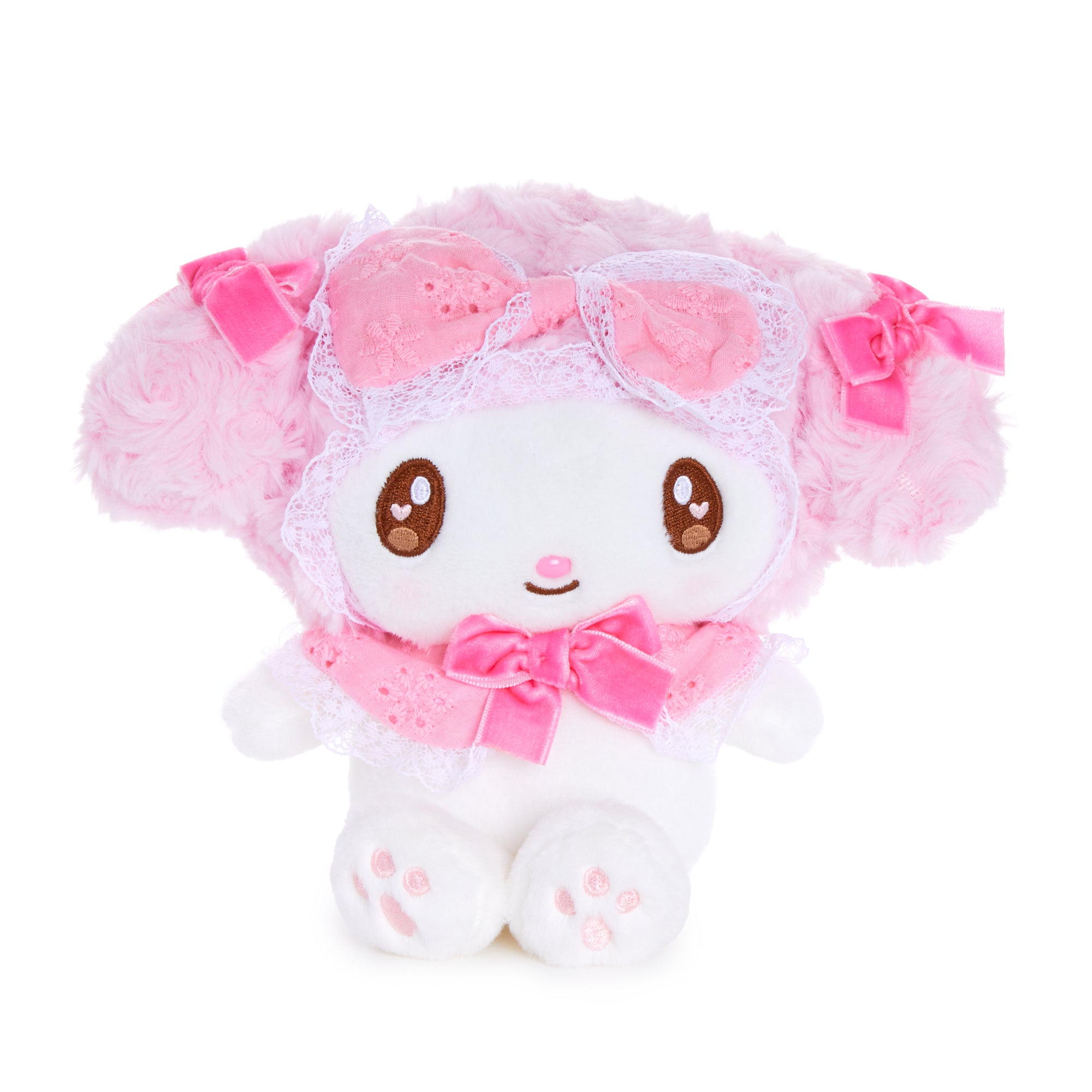 Front view of Sweet Lolita my melody plush featuring embroidered eyes and velvet bows