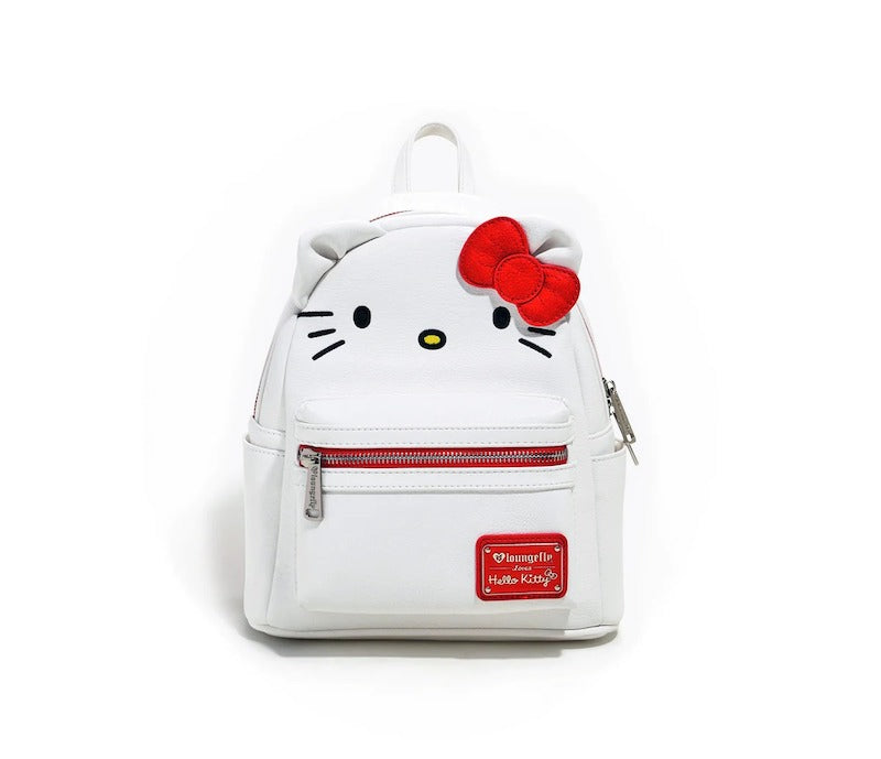 Front view of Hello Kitty mini backpack showcasing embroidered details