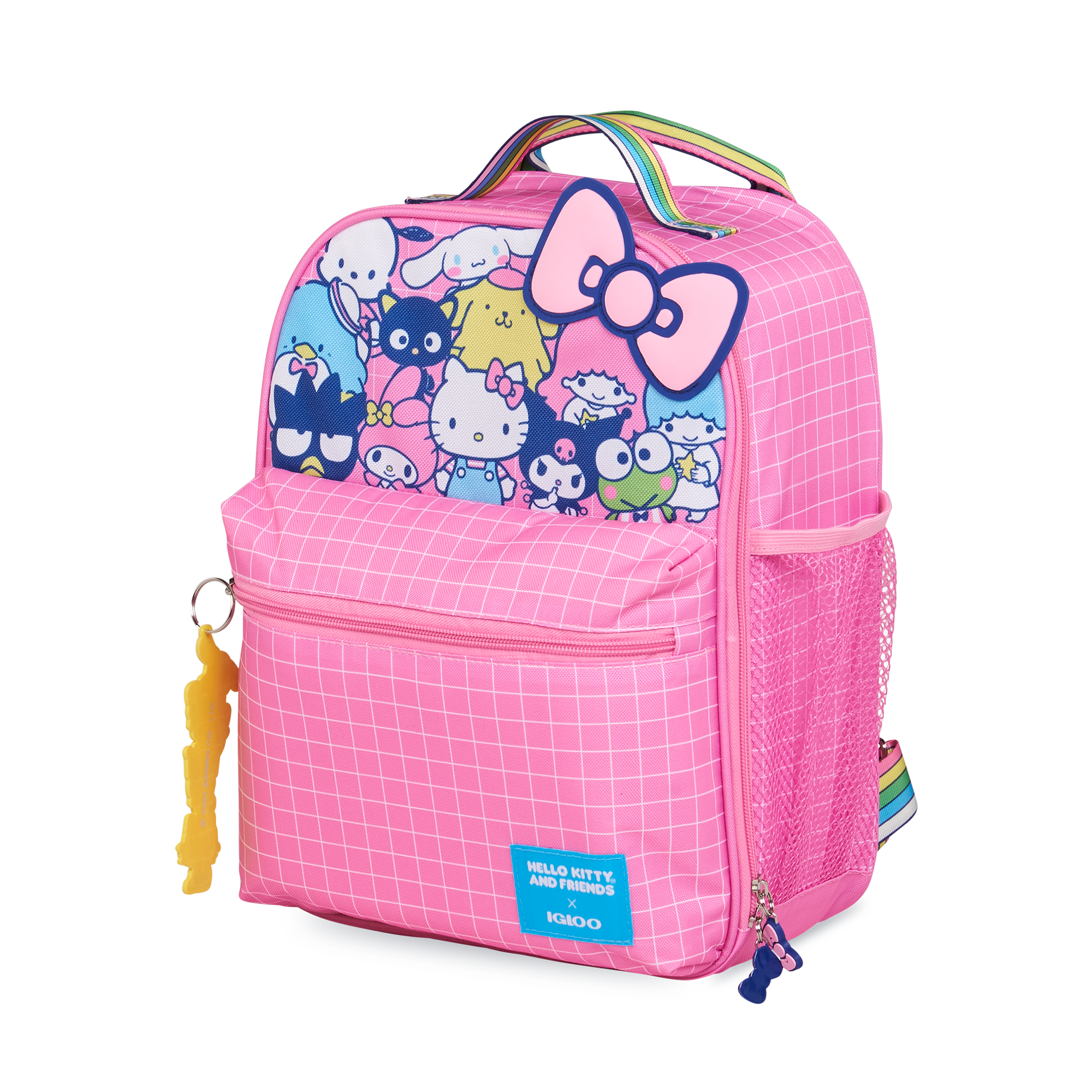 Hello Kitty Igloo backpack cooler shown in backpack mode, held by a person at a park.