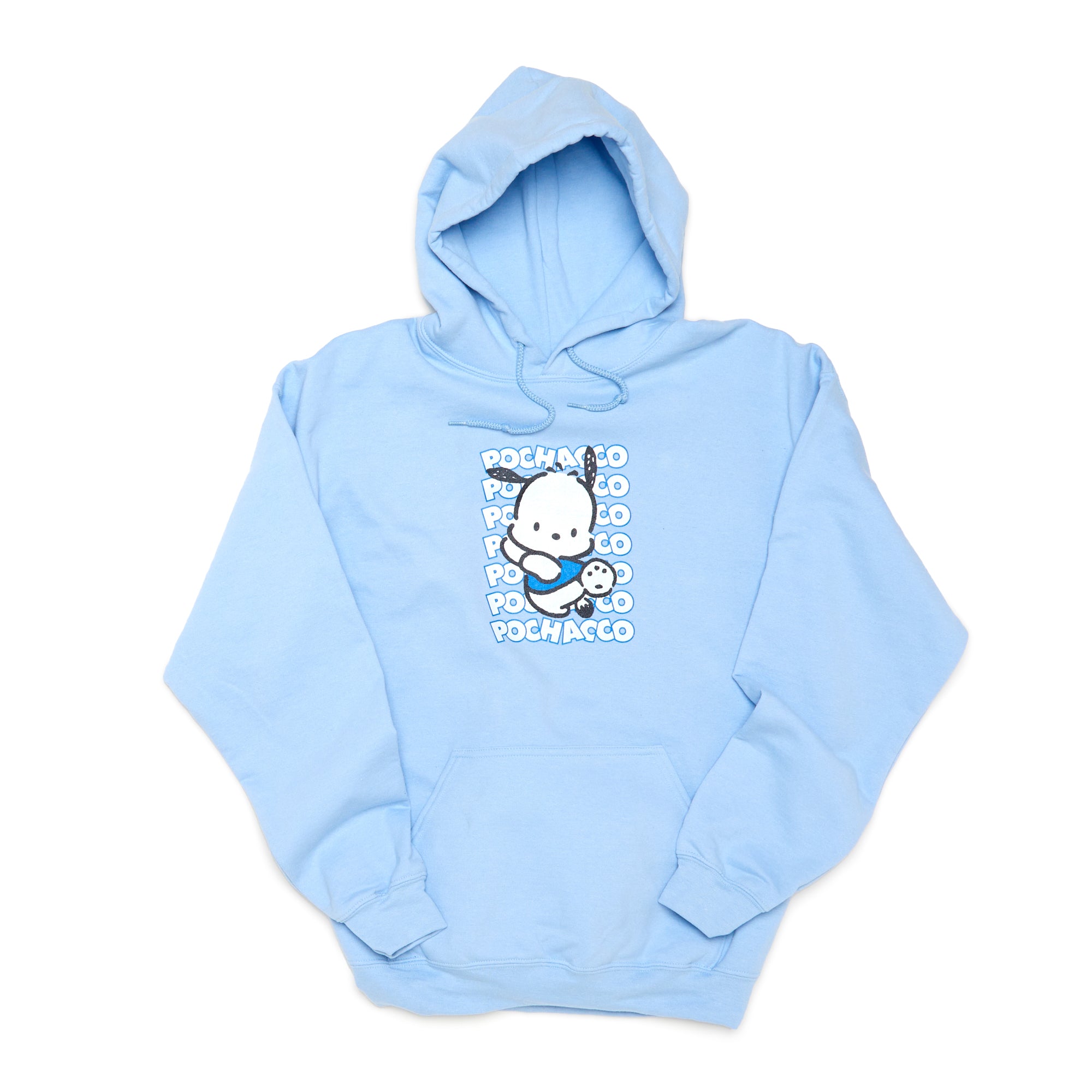 Pochacco unisex comfort hoodie worn casually, highlighting its blue and white color scheme.