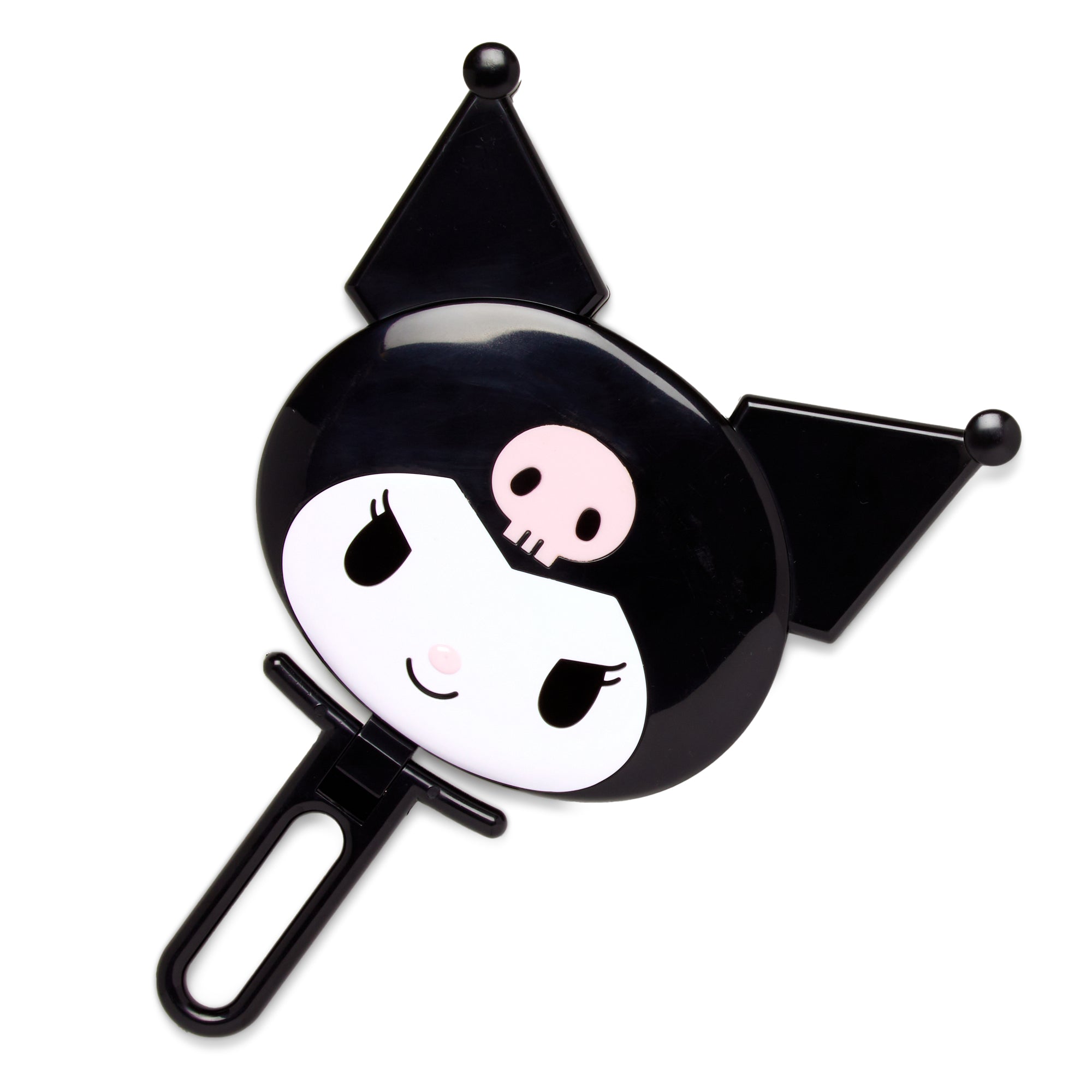 Close-up of kuromi vanity mirror folded, showcasing die-cut character detail.