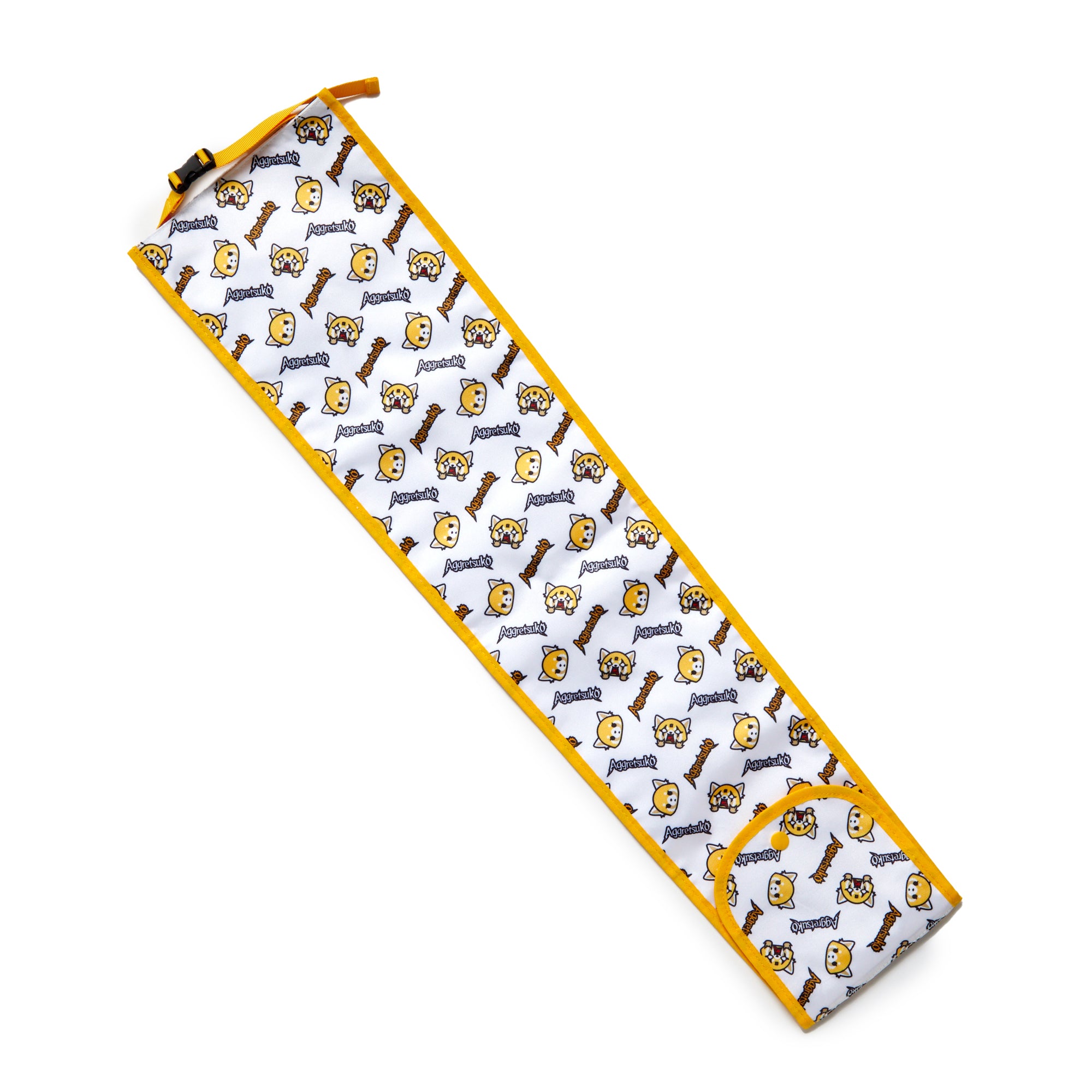 Aggretsuko umbrella sleeve in use on a car seat, protecting against rain