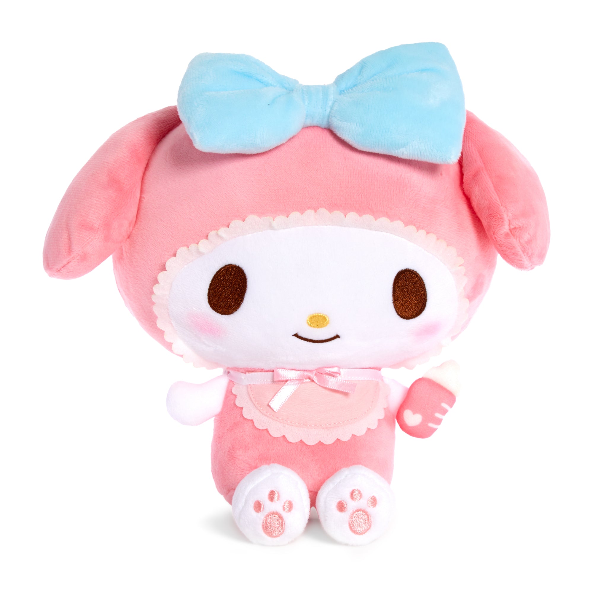 My Melody baby plush toy with satin ribbon bow and embroidered face