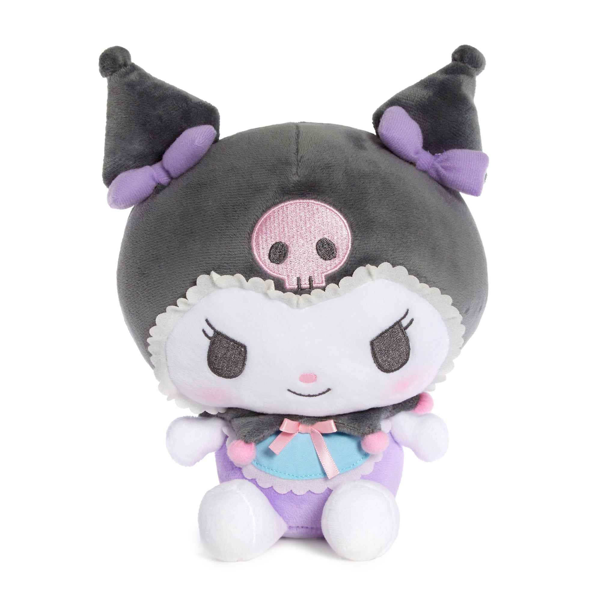 Front view of the Kuromi baby plush toy, showcasing its embroidered face and satin bow.
